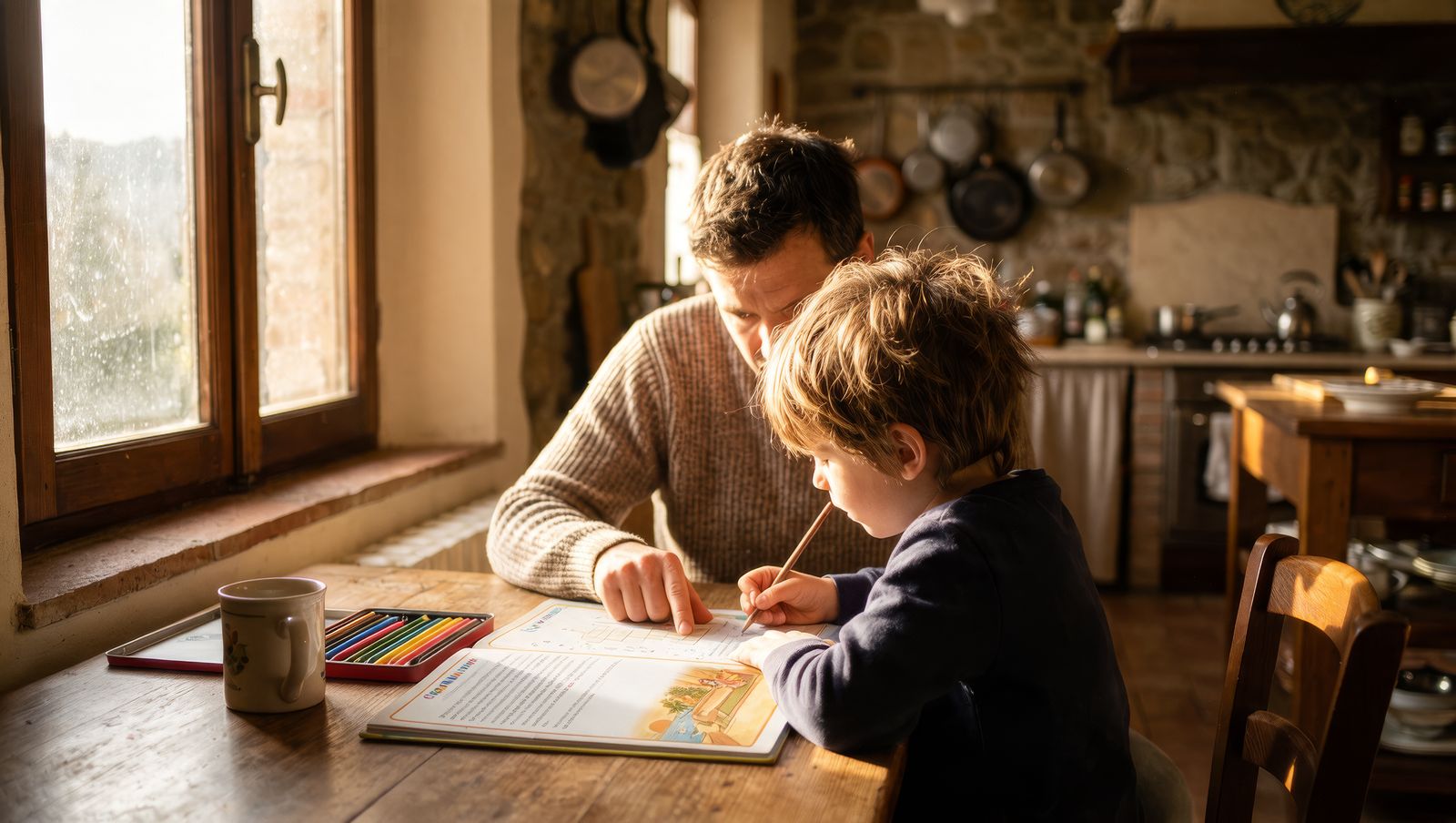 Un adulto e un bambino seduti al tavolo di cucina davanti a un libro di giochi, con la luce che entra dalla finestra